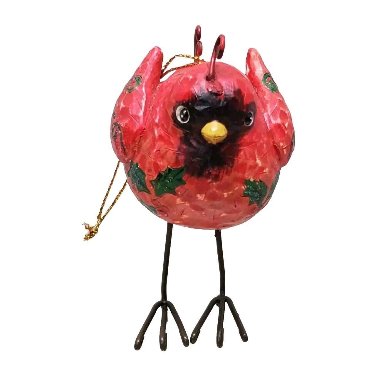 Christmas Ornament Resin Red Cardinal Bird Metal Feet Holly Leafs Vintage 