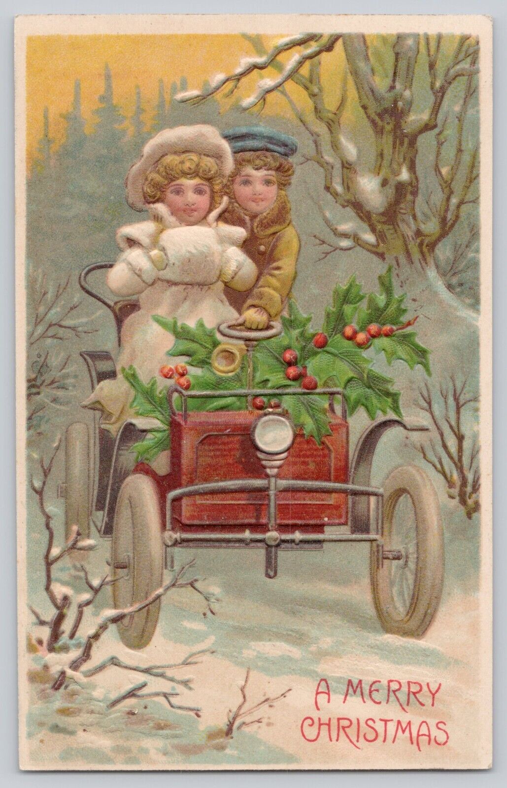 Postcard Christmas Greetings Embossed Couple in Vintage car