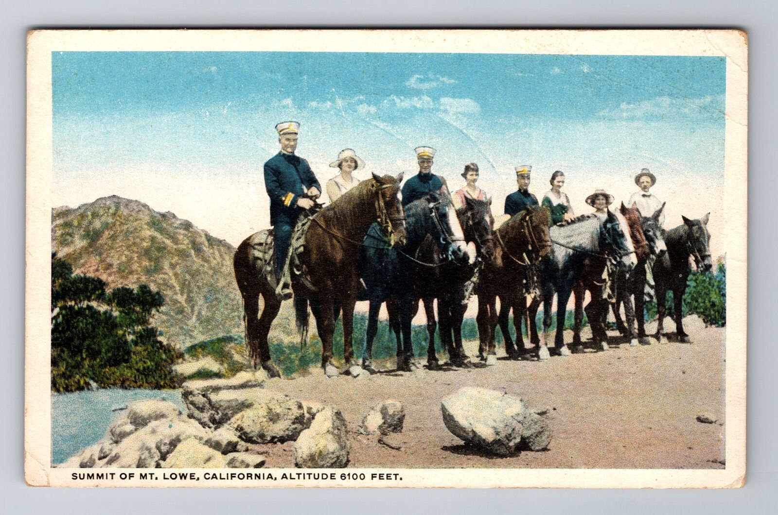 Mt Lowe CA-California, Horseback at Summit of Mt Lowe, Vintage Souvenir Postcard