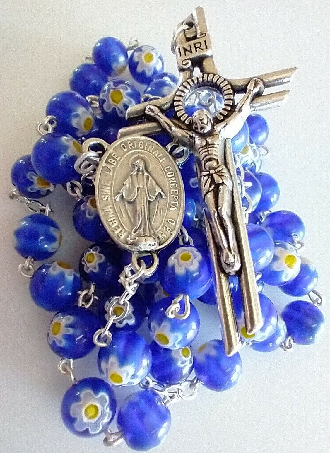Beautiful Blue Catholic Murano Millefiori Glass Rosary Miraculous Medal