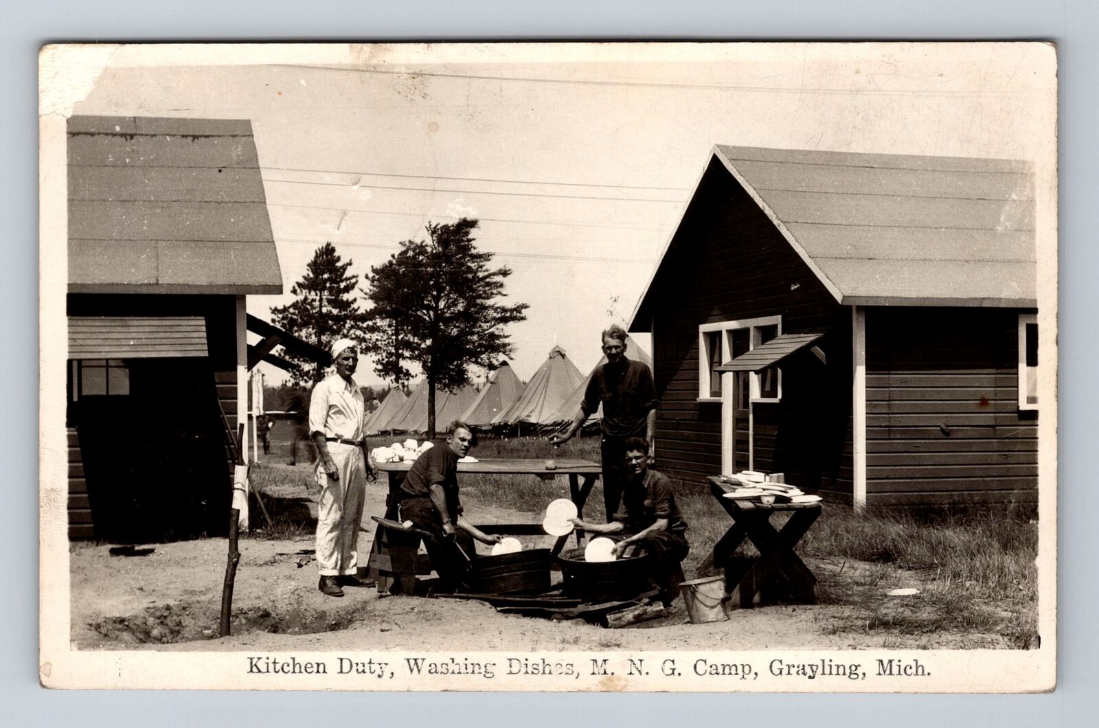 Grayling MI-Michigan, RPPC Kitchen Duty, M N G Camp, Vintage c1932 Postcard
