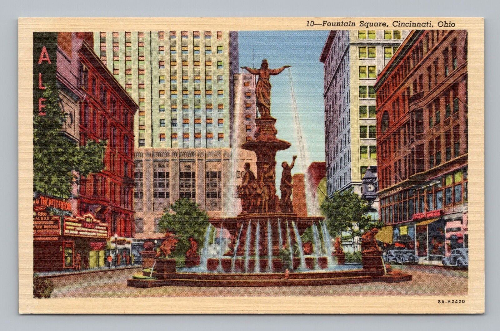Postcard Fountain Square Cincinnati Ohio OH Statue Street View 194
