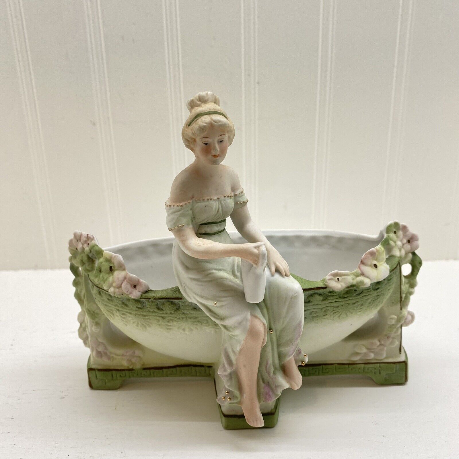 Antique Bisque Porcelain German Girl Figure Vase Planter