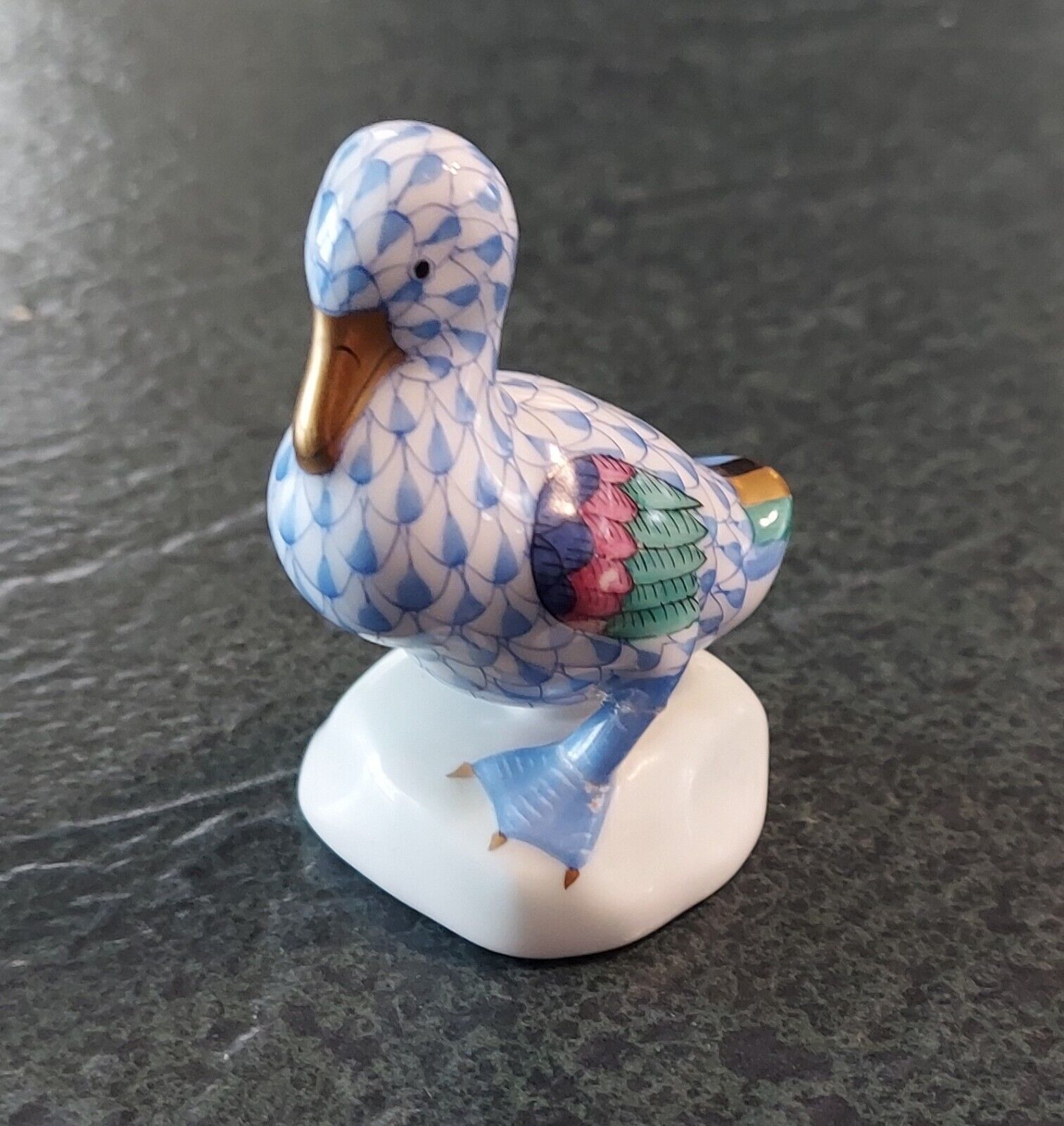 Herend 'Duck' Figurine with Blue Fishnet & 24k Gold Accents Mint Cond 2 1/2”