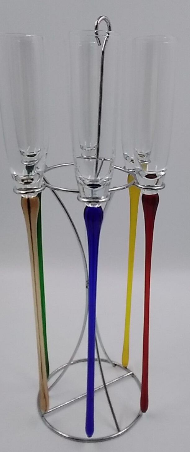 Handblown ArtLand Flute Champagne Glasses set of 6 w/stand long colored stems