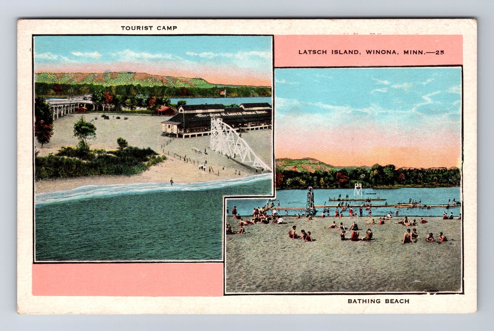 Winona MN-Minnesota, Tourist Camp, Beach, Latsch Island, Vintage Postcard
