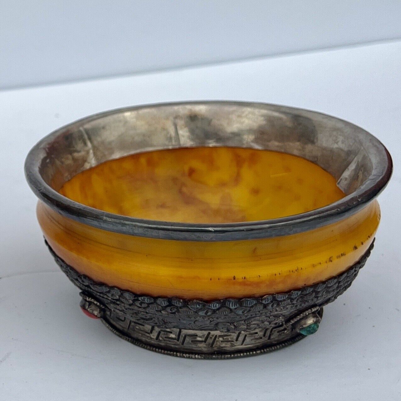 Buddhist Lama Ritual Amber Dust Bowl with Turquoise and Coral and Silver 3” H