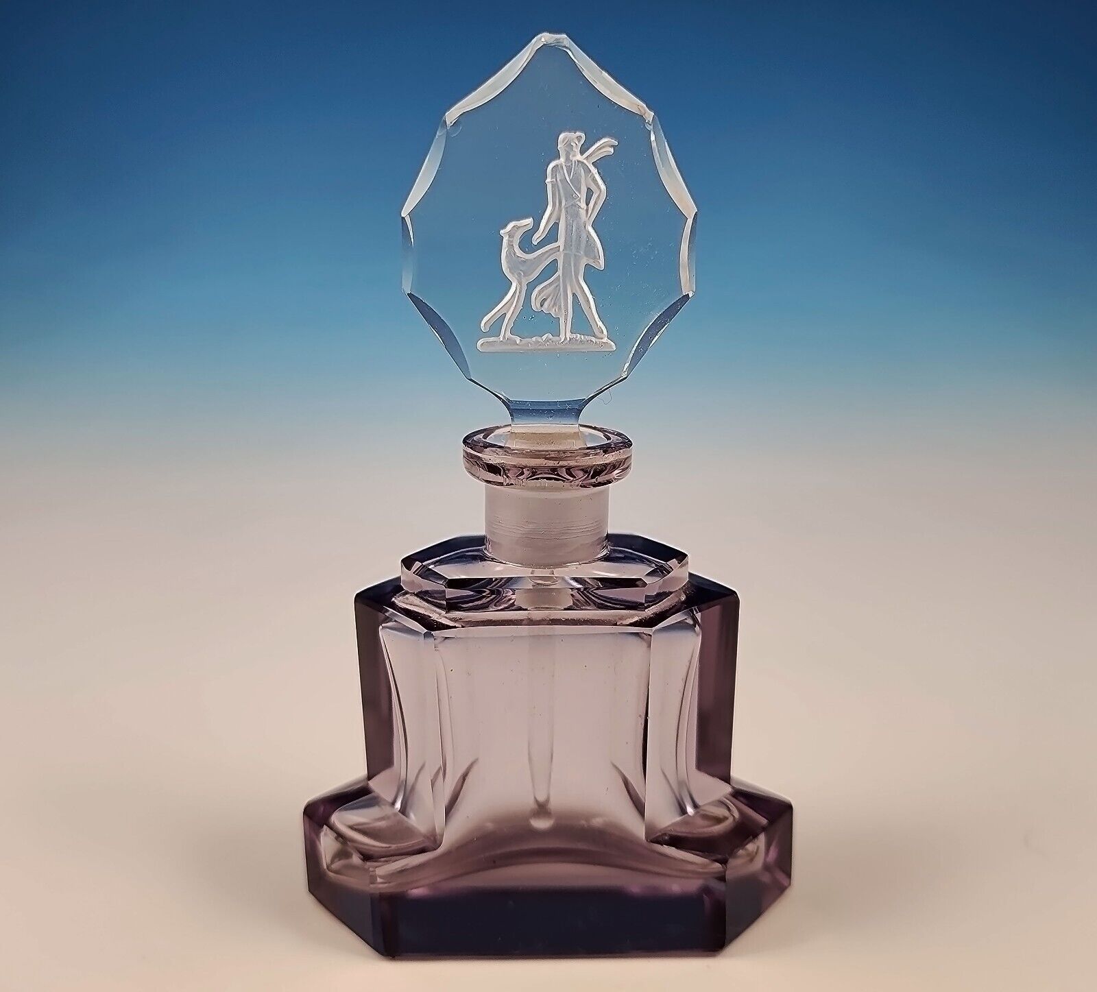 Vintage Czechoslovakia Art Deco Perfume Bottle Intaglio Woman Dog Amethyst 1930s