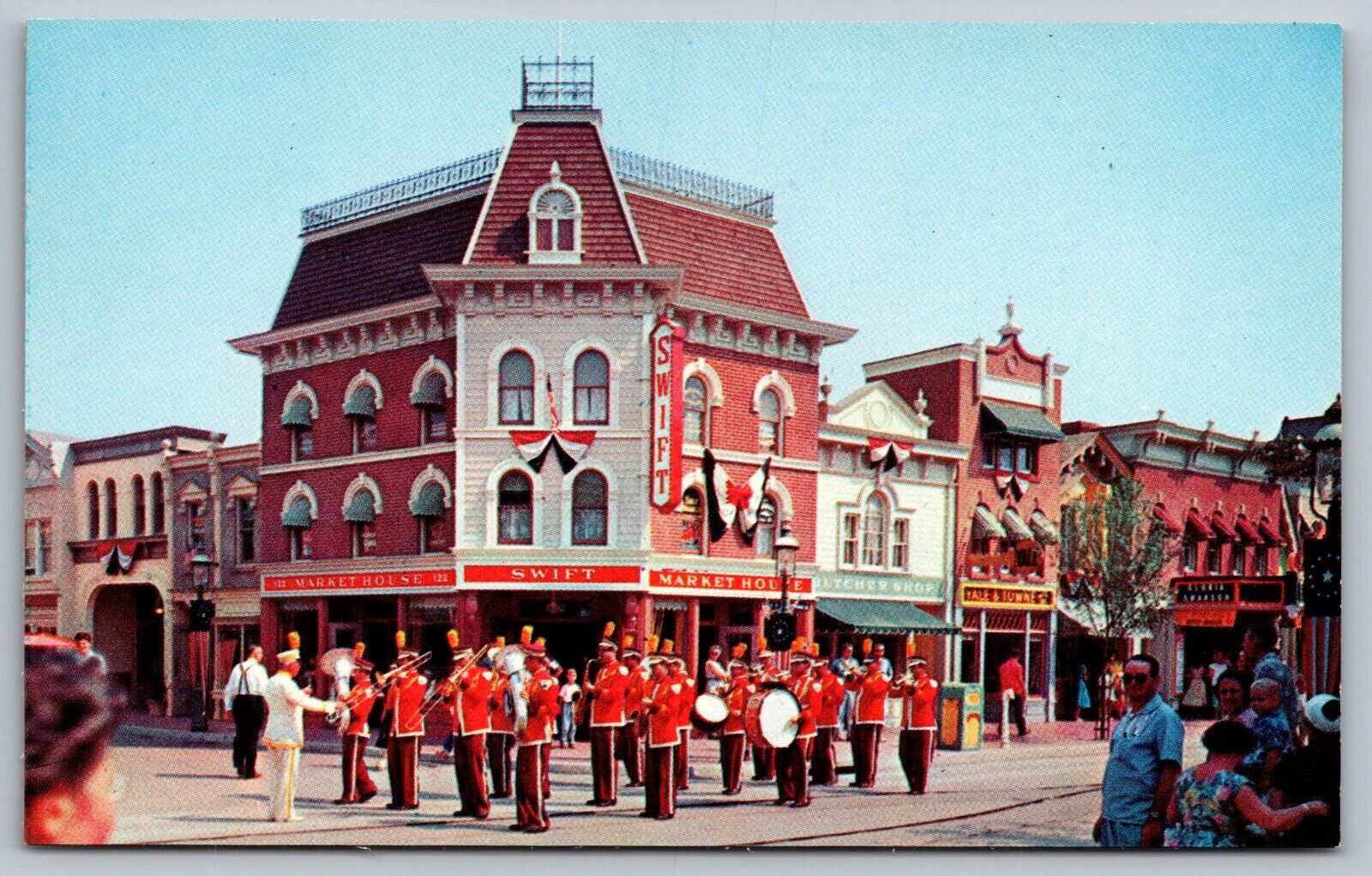 Disneyland Band Plays in Front of Swift's Market House California Postcard c1955