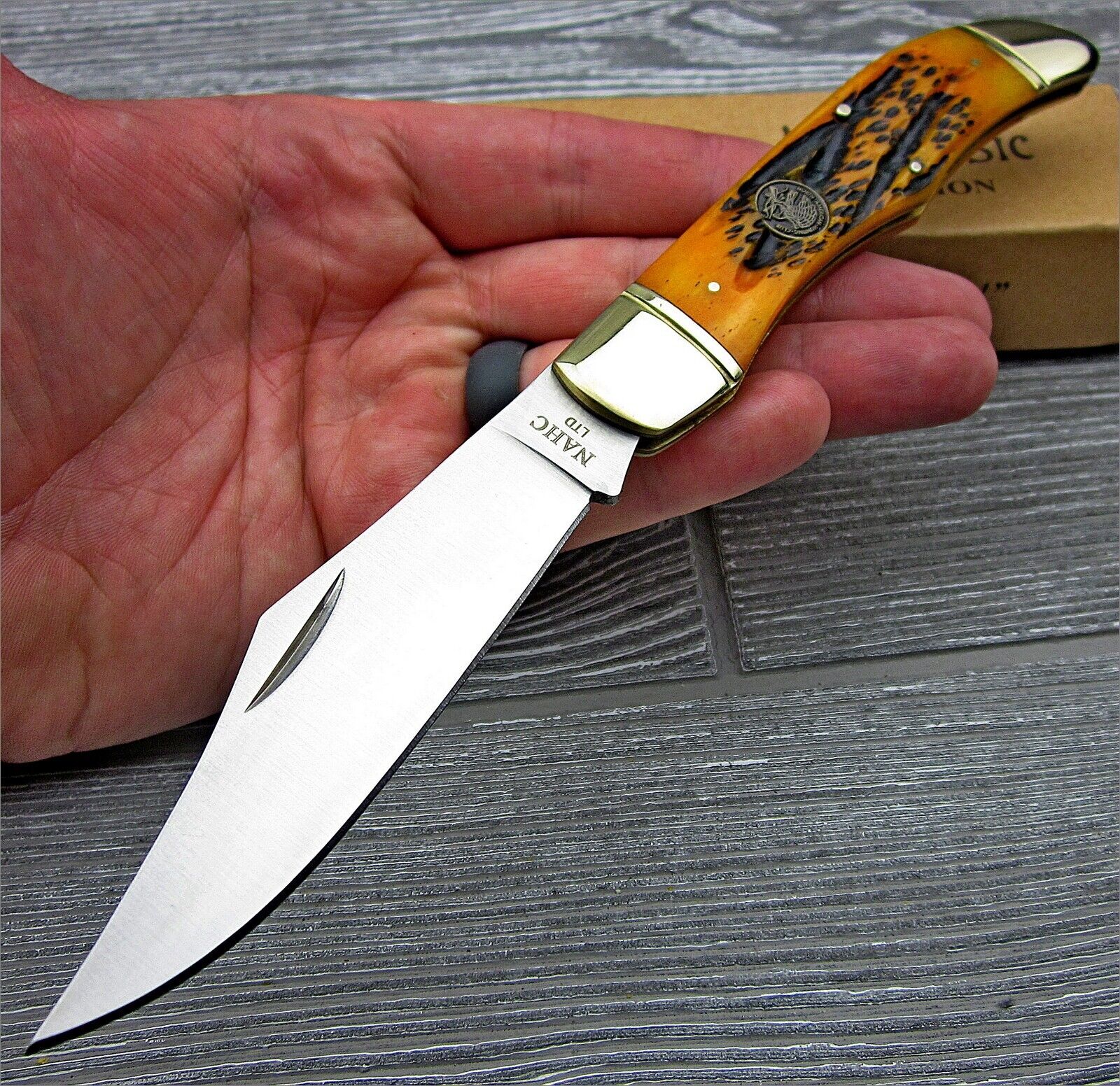 NAHC Geniune Orange Bone Handle Large Folding Blade Hunter Pocket Hunting Knife