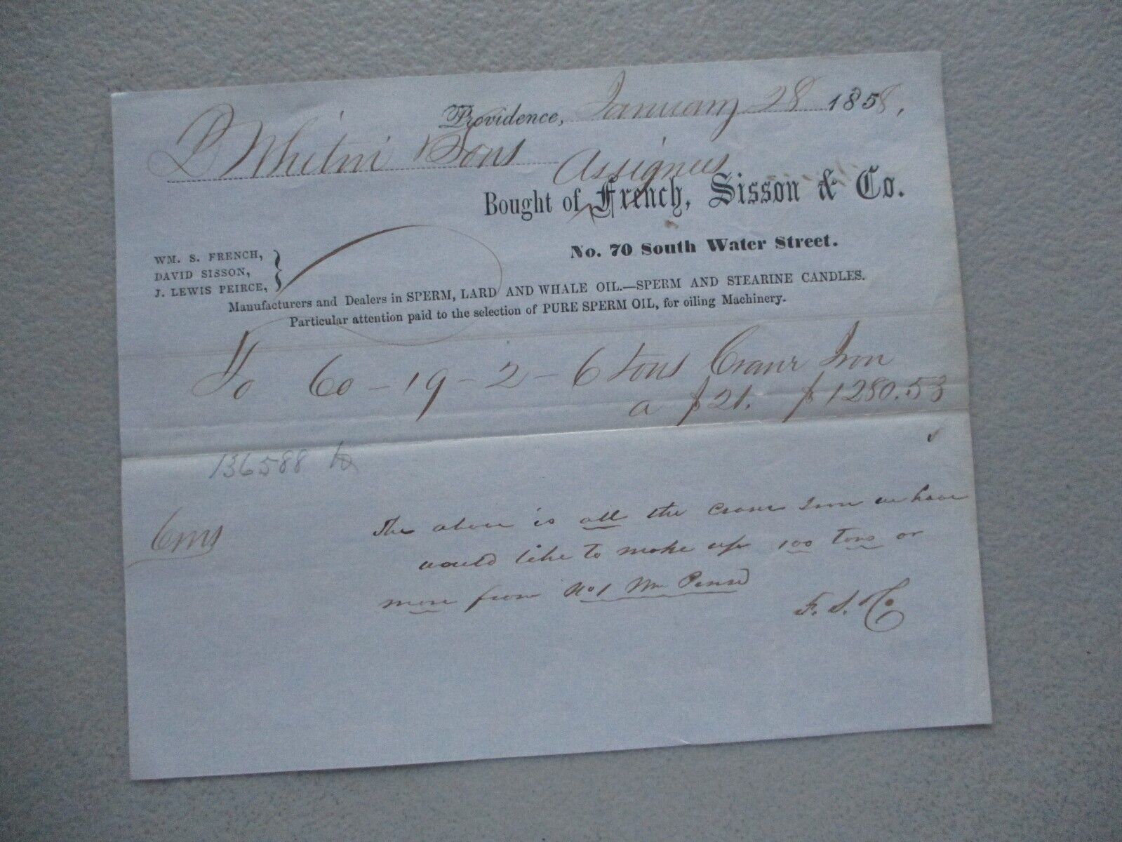 1858 Pure Sperm Whale Oil for Machinery,Candles PRICES Rhode Island Letterhead