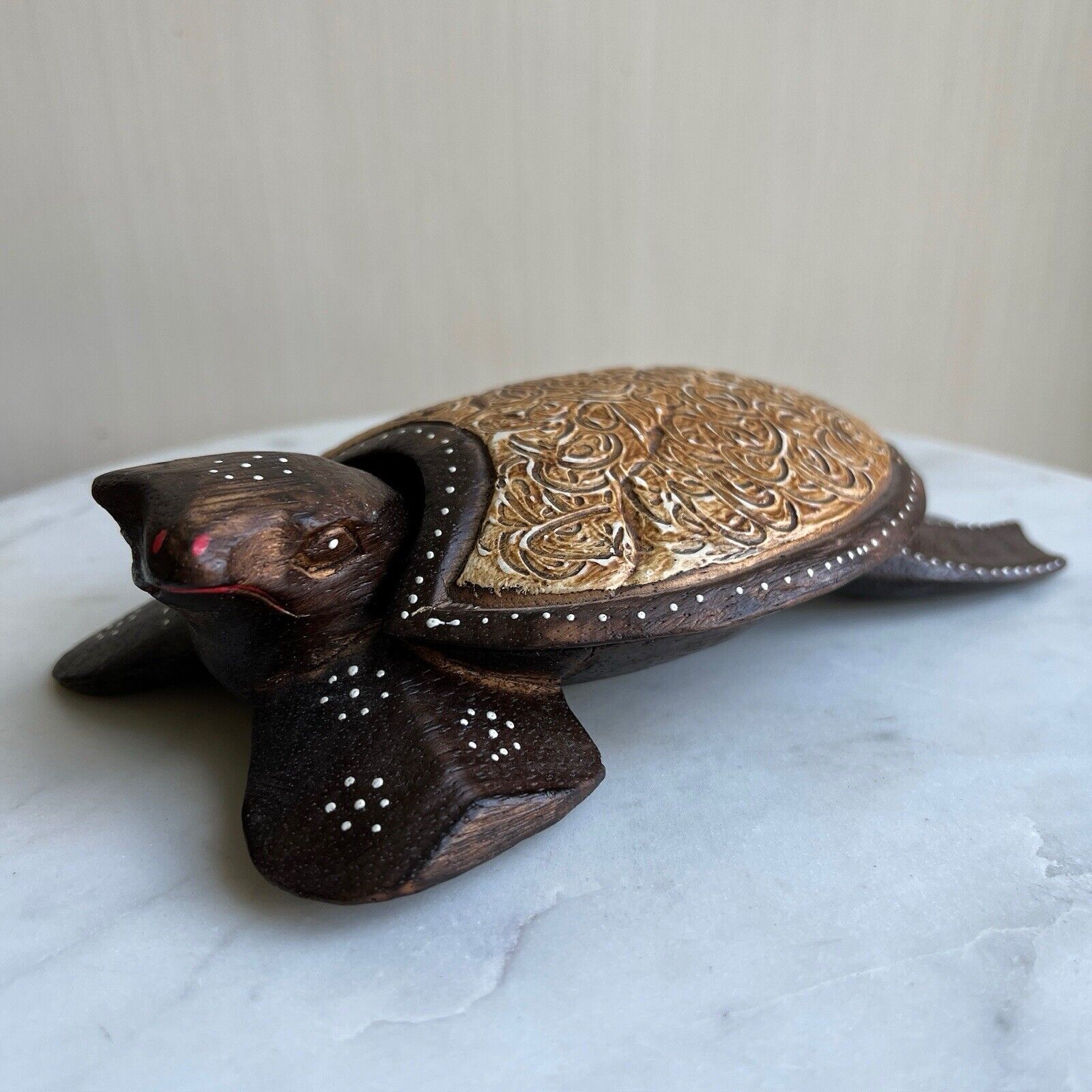 Vintage Carved Wood Turtle Hand Painted Trinket Box