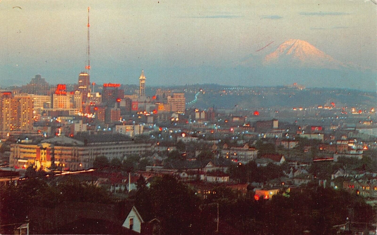 Seattle WA Washington Downtown Skyline Night Twilight Sunset Vtg Postcard A3