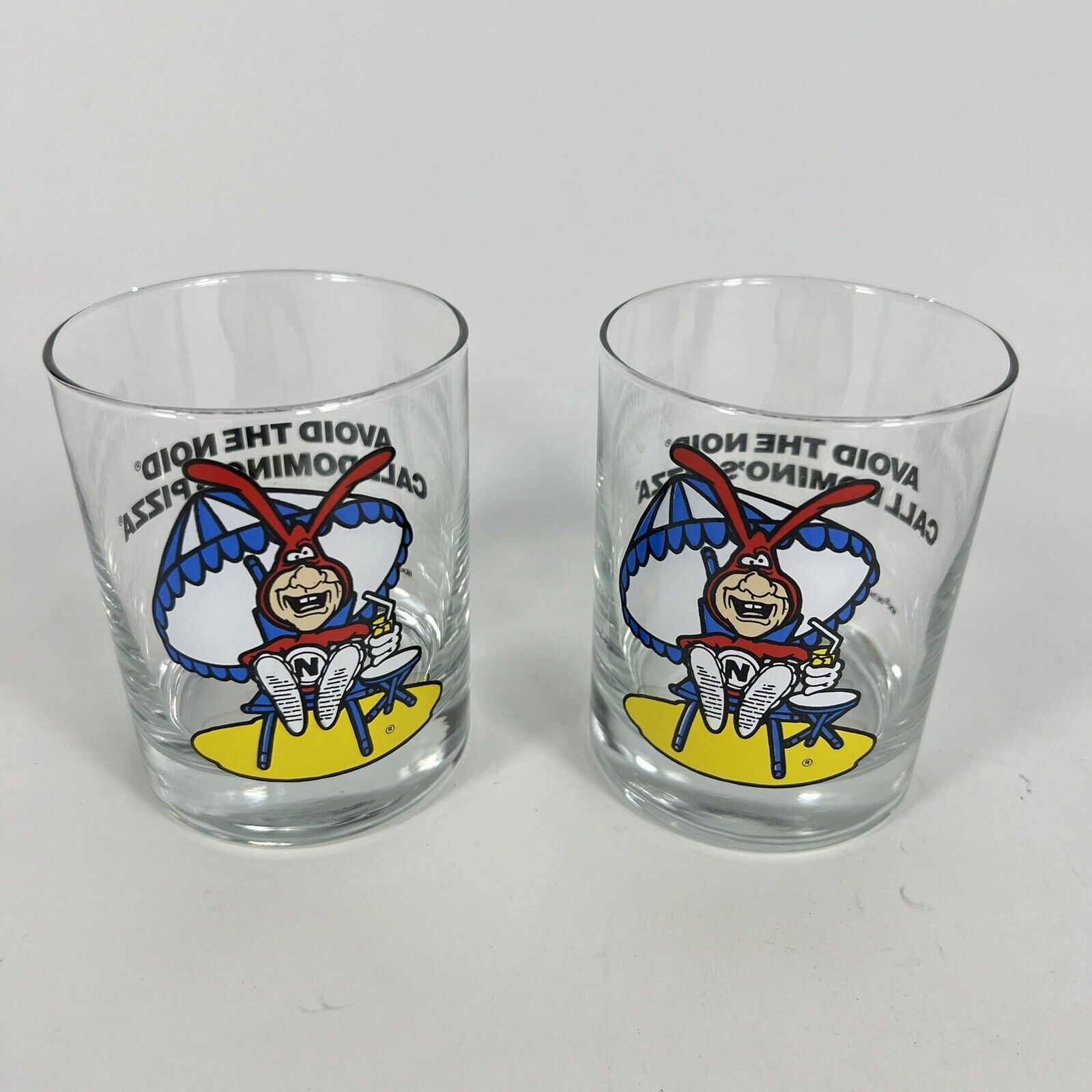Vintage Domino's Pizza Avoid the Noid Glass Whiskey Tumblers '87 - Set of 2