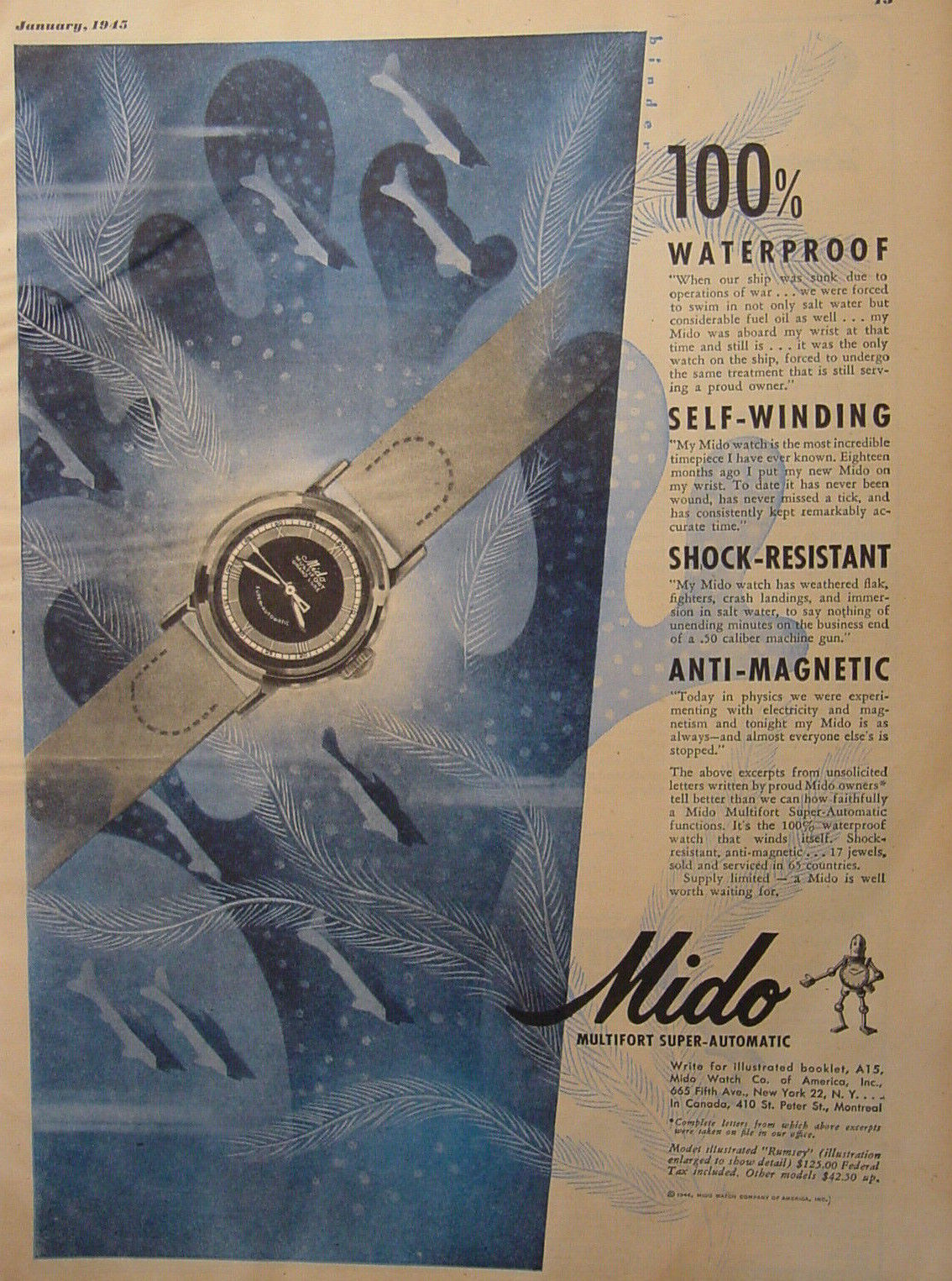 1945 Esquire Original Advertisement WWII Era MIDO Automatic Watch