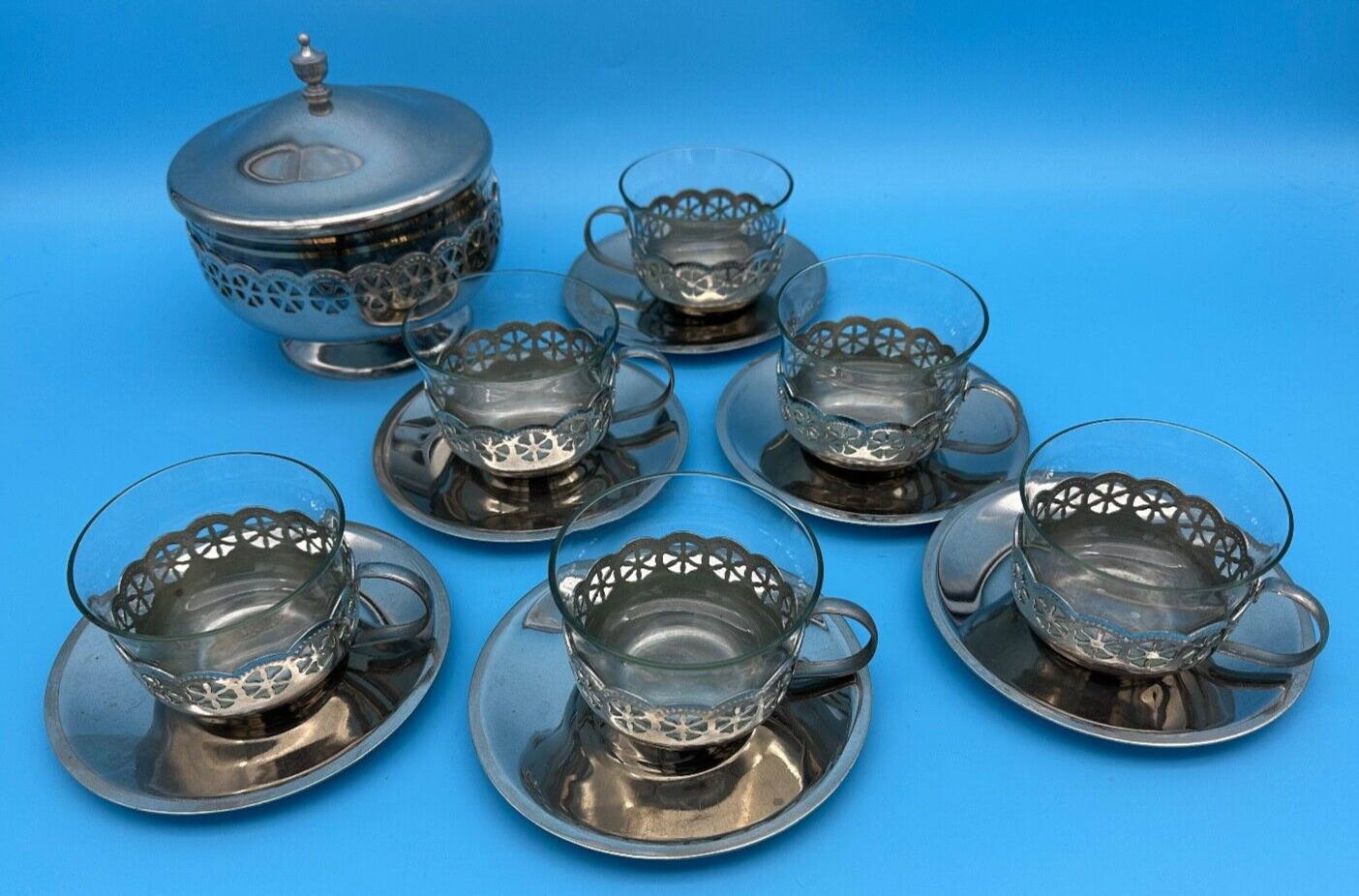 Vintage 21 pc Soviet USSR Russian Nickel & Glass Tea Cups Saucers & Sugar Bowl
