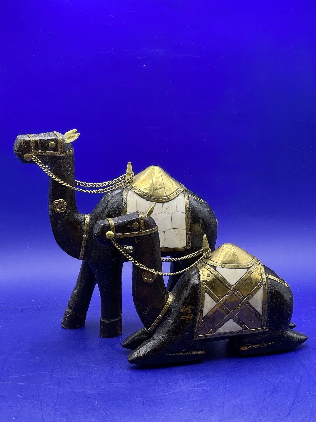 Two Vintage Wooden Camel Figurines Hand Carved Brass & Copper Embellished