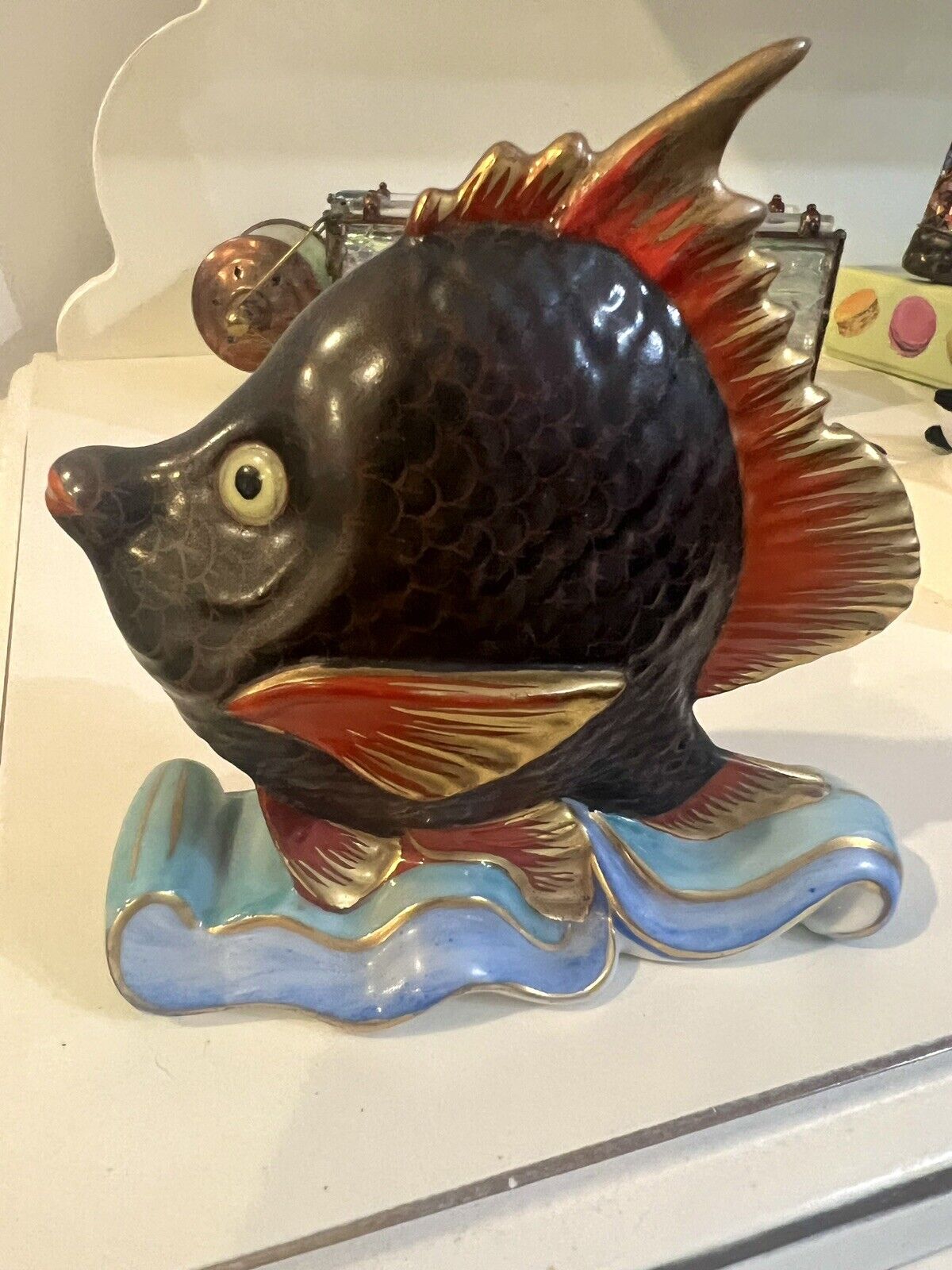 HEREND Vintage Tropical Blue & Rust Fish on Wave Porcelain Figurine