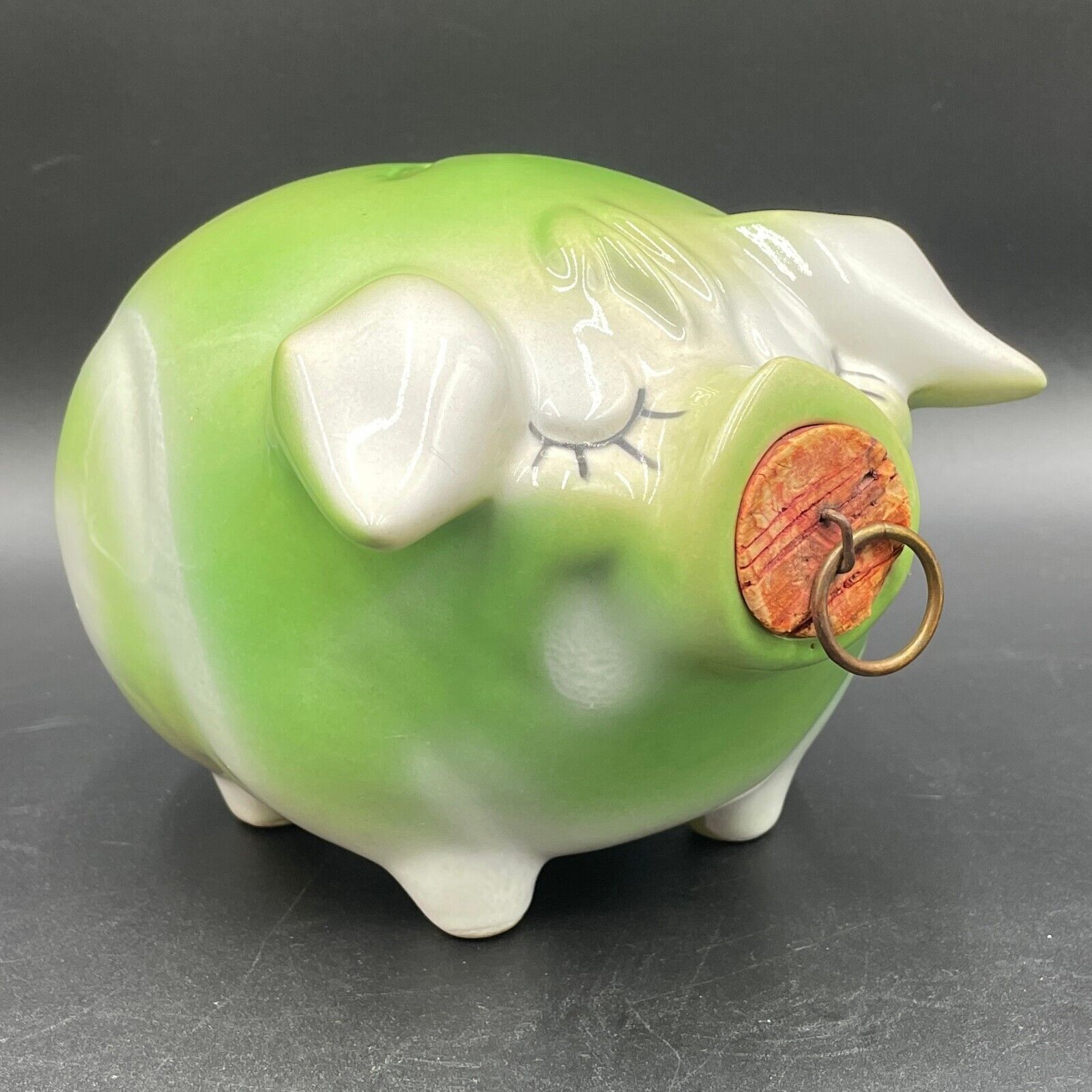 Vintage Corky Pig Piggy Bank by Hull Pottery - Green & White Glaze With Cork
