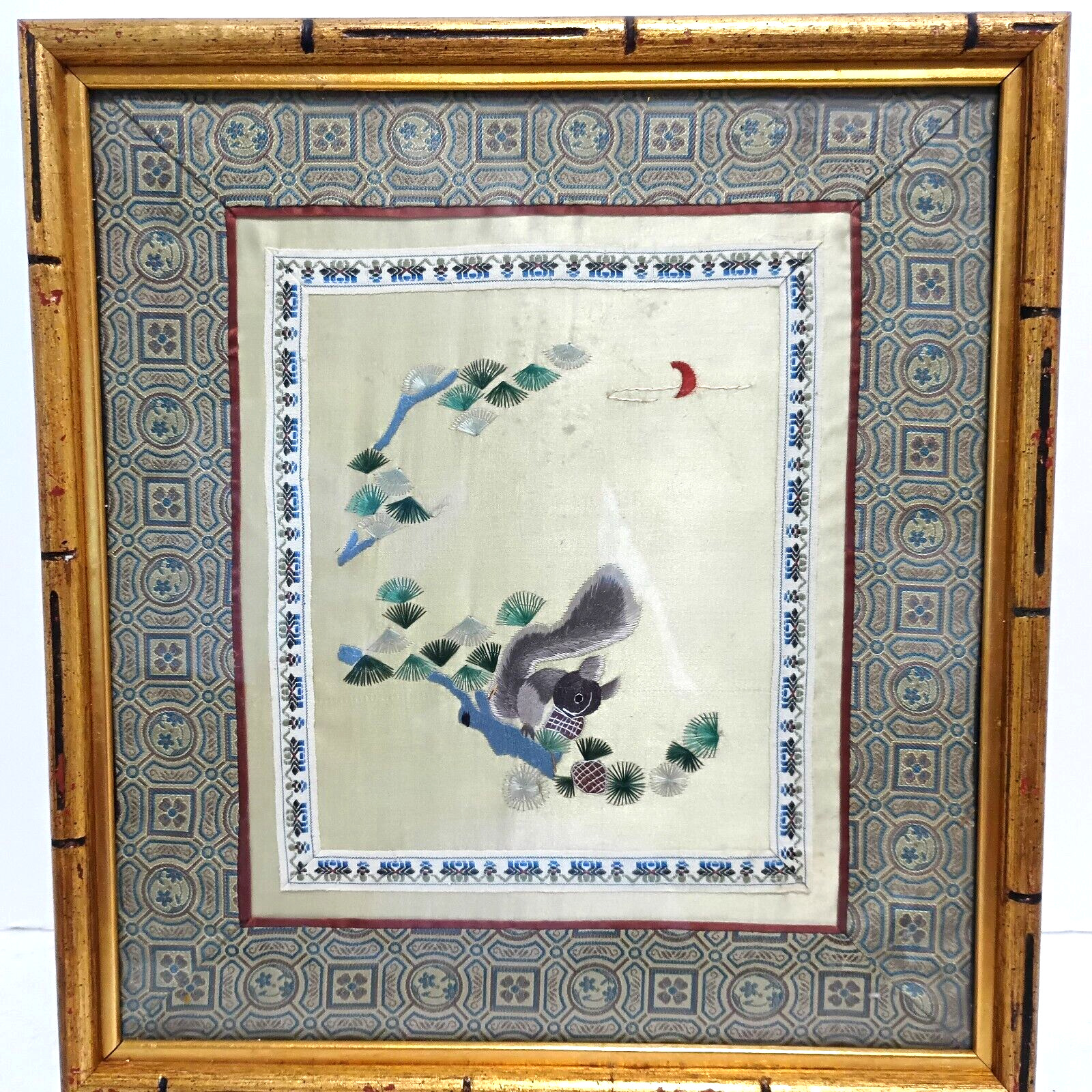 Vintage Asian Chinese Silk Embroidery Squirrel Silk Panel Framed