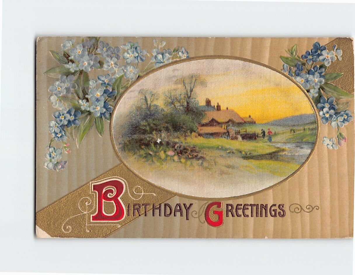 Postcard Birthday Greetings Flower Art Print Embossed Card