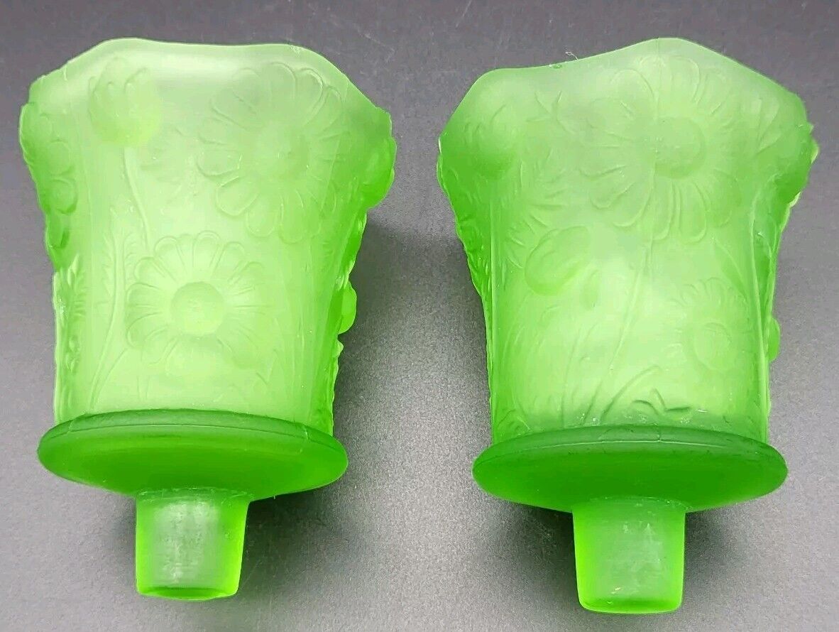 Pair of Green Satin Pressed Glass Sconce Votive Candle Holders Floral Design 