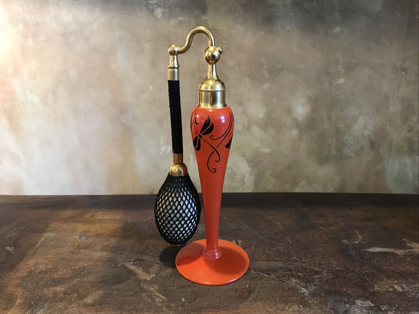 Antique Perfume Bottle Atomizer DeVilbiss 1920s Rare Orange Black Dragonflies