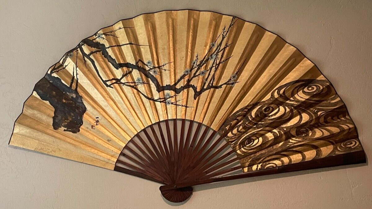 Vintage Large Asian Wall Art Fan Gold, Blue Cherry Blossoms Hand-Painted 60