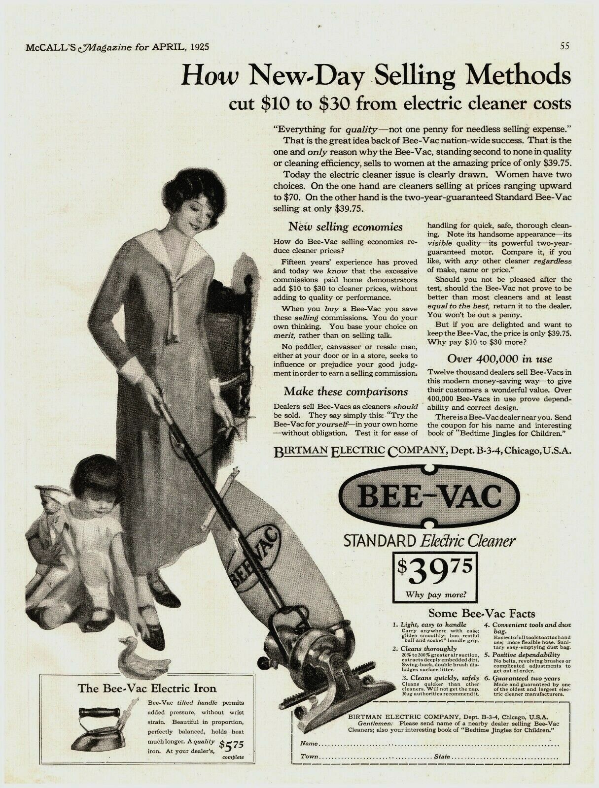1925 Bee-Vac Vacuum Cleaner Vintage Print Ad Mother Daughter Cleaning 