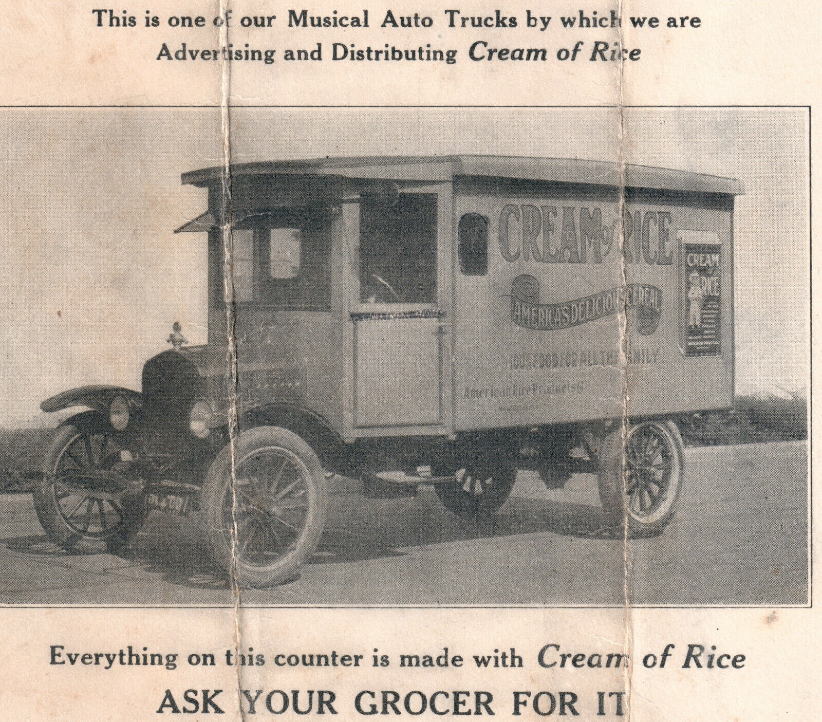 RARE. 1922 Cream of Rice New Orleans Music Auto Delivery Truck Display Sign Card