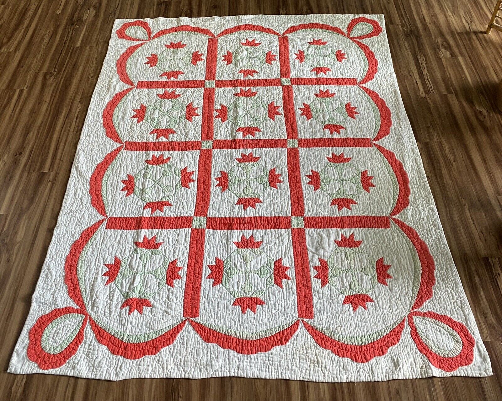 Vintage Handmade Quilt Coral And Mint Green