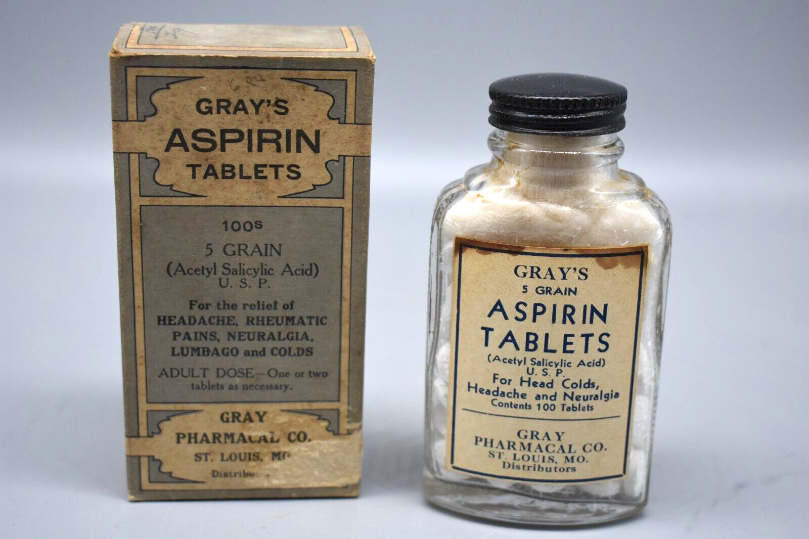 Vintage Gray Pharmacal Co.  Aspirin Tablets, 100's, with Box, St. Louis, MO 