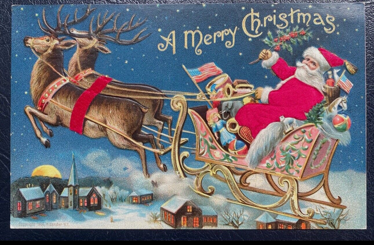 Patriotic~Silk Santa Claus~in Sled w. USA Flag~Toys~1907~Christmas Postcard-k278