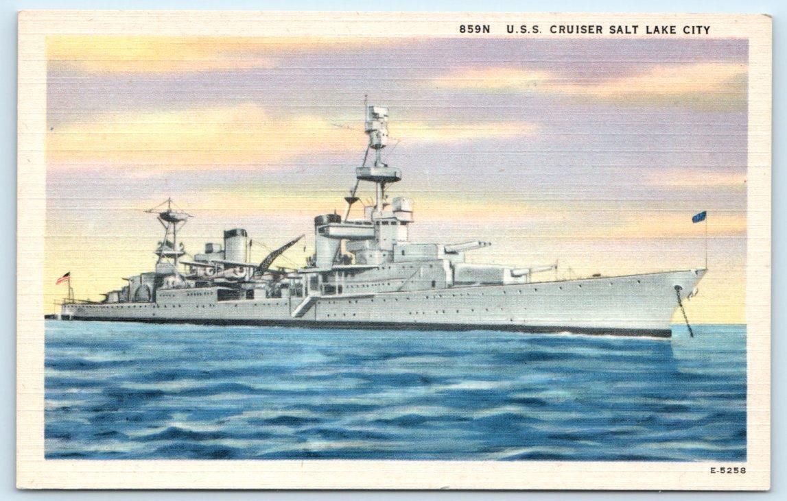 U.S.S. SALT LAKE CITY Navy Cruiser Ship ca 1940s WWII Era Postcard