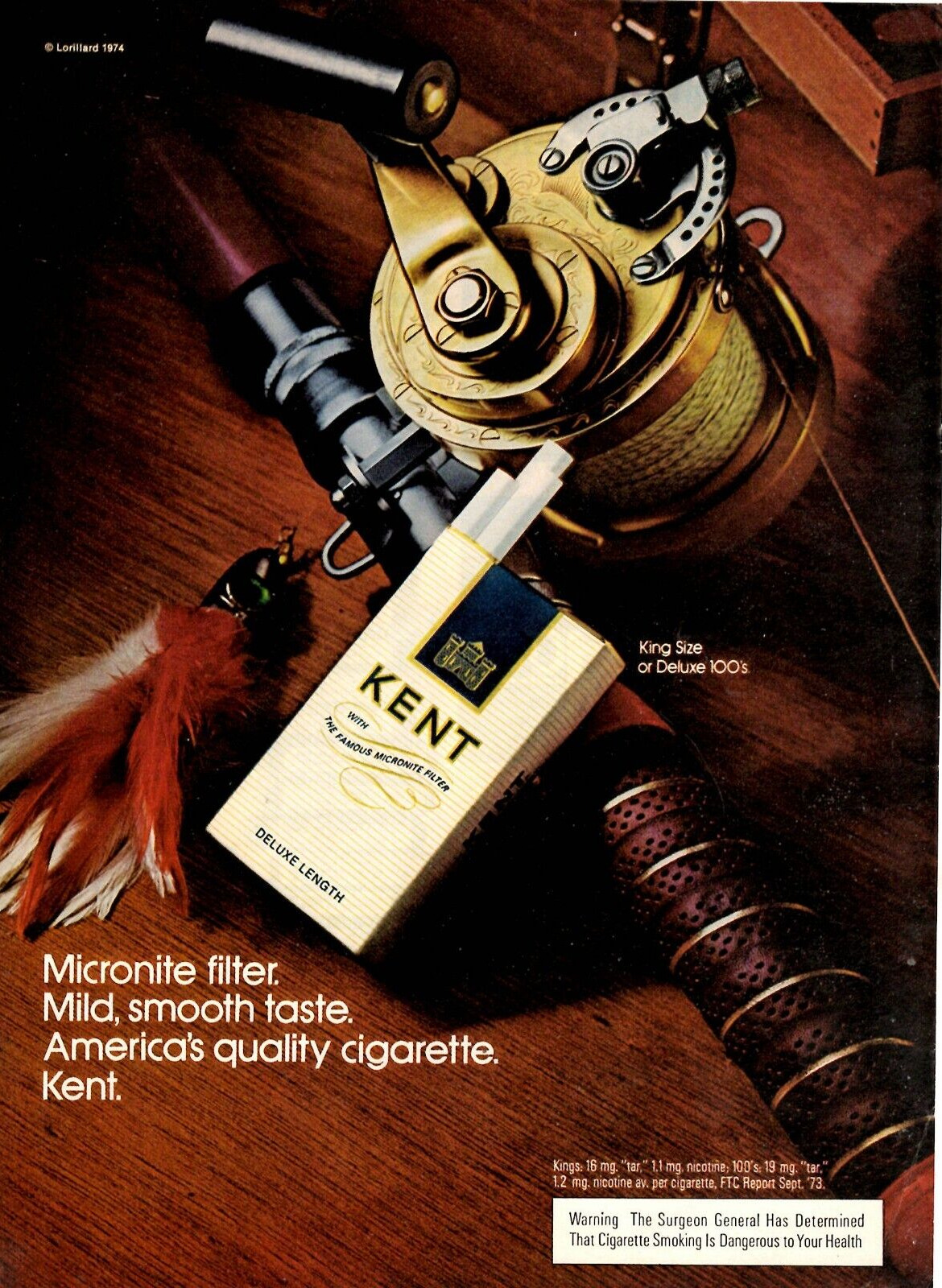 1974 Print Ad Kent Cigarettes Micronite Filter Fishing Reel Rod Lure