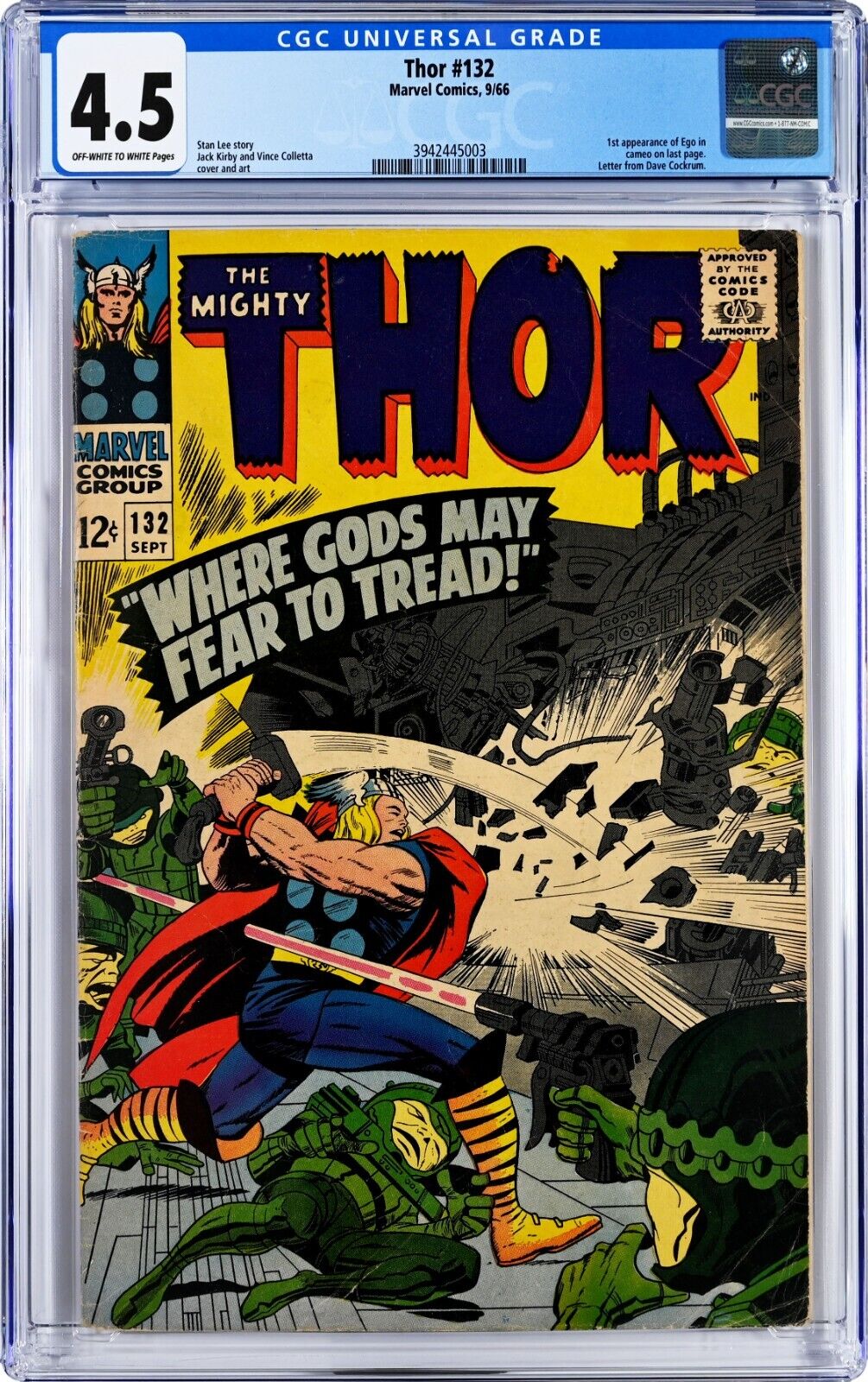 Thor #132 CGC 4.5 (Sep 1966, Marvel) Stan Lee & Jack Kirby, 1st Ego in Cameo