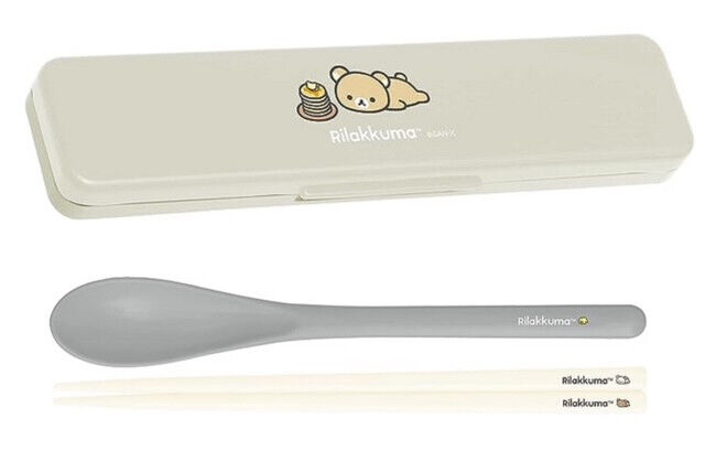 JAPAN SanX Rilakkuma Bear Gray Spoon Chopsticks Fruits Box Case Bento Lunch Set