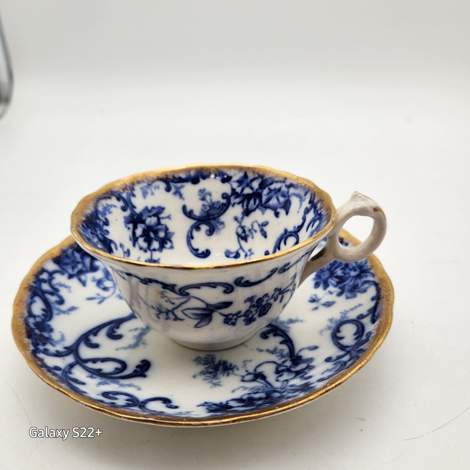 Antique Flow Blue White Teacup Saucer York Cauldon England c1892 Artist B7572 