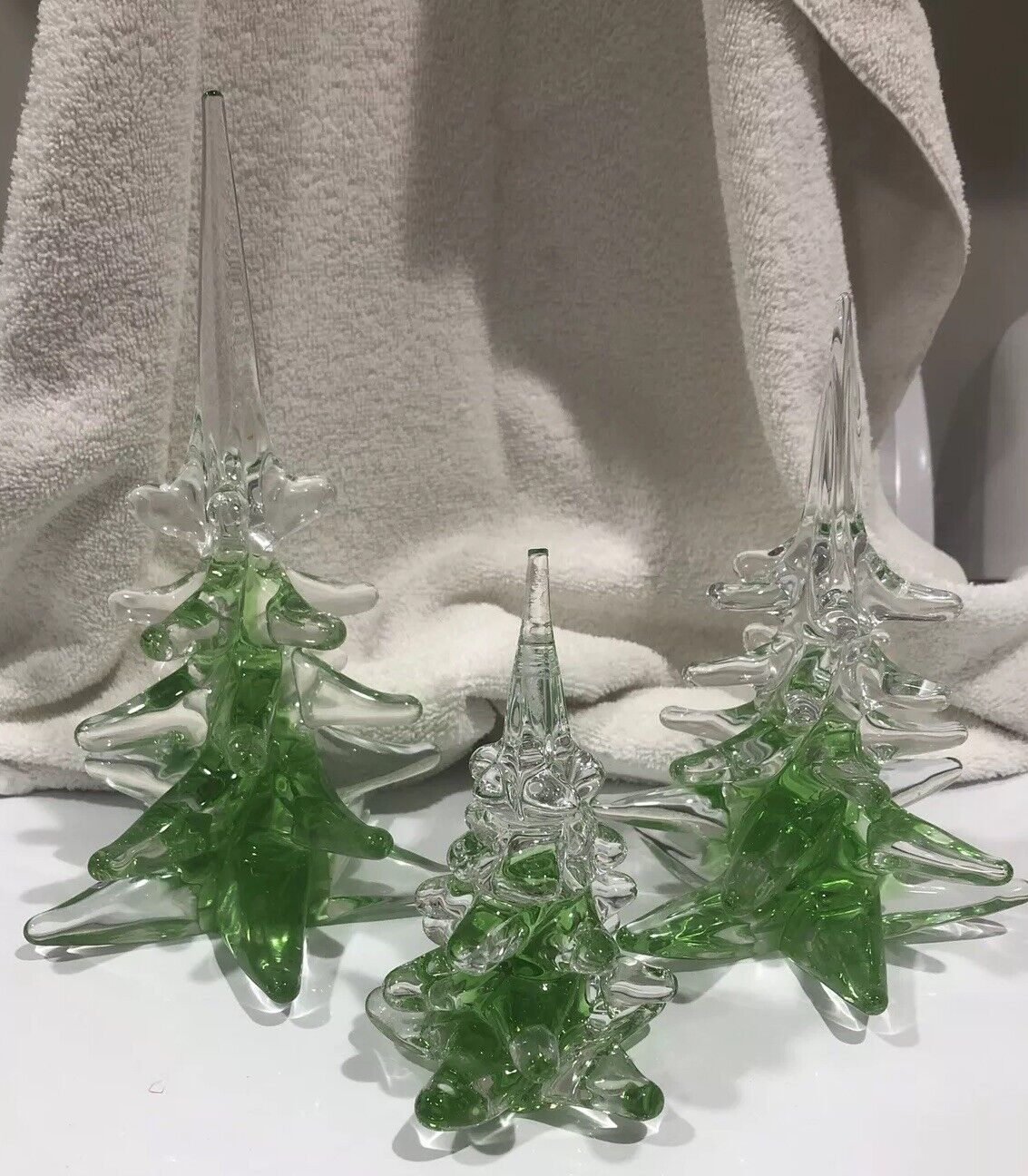 VTG Art Glass Crystal Christmas Trees FM Ronneby Sweden 1970s  10” 8” 6” Set 3