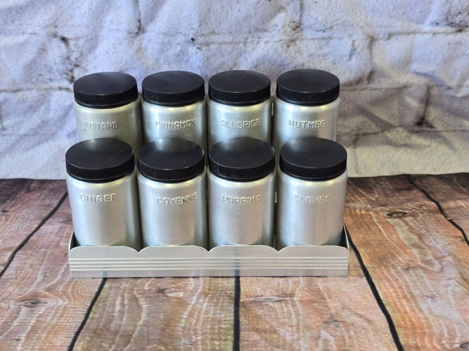Vintage Kromex Spun Aluminum Spice Shaker Set W/Rack Set 8 Black Top