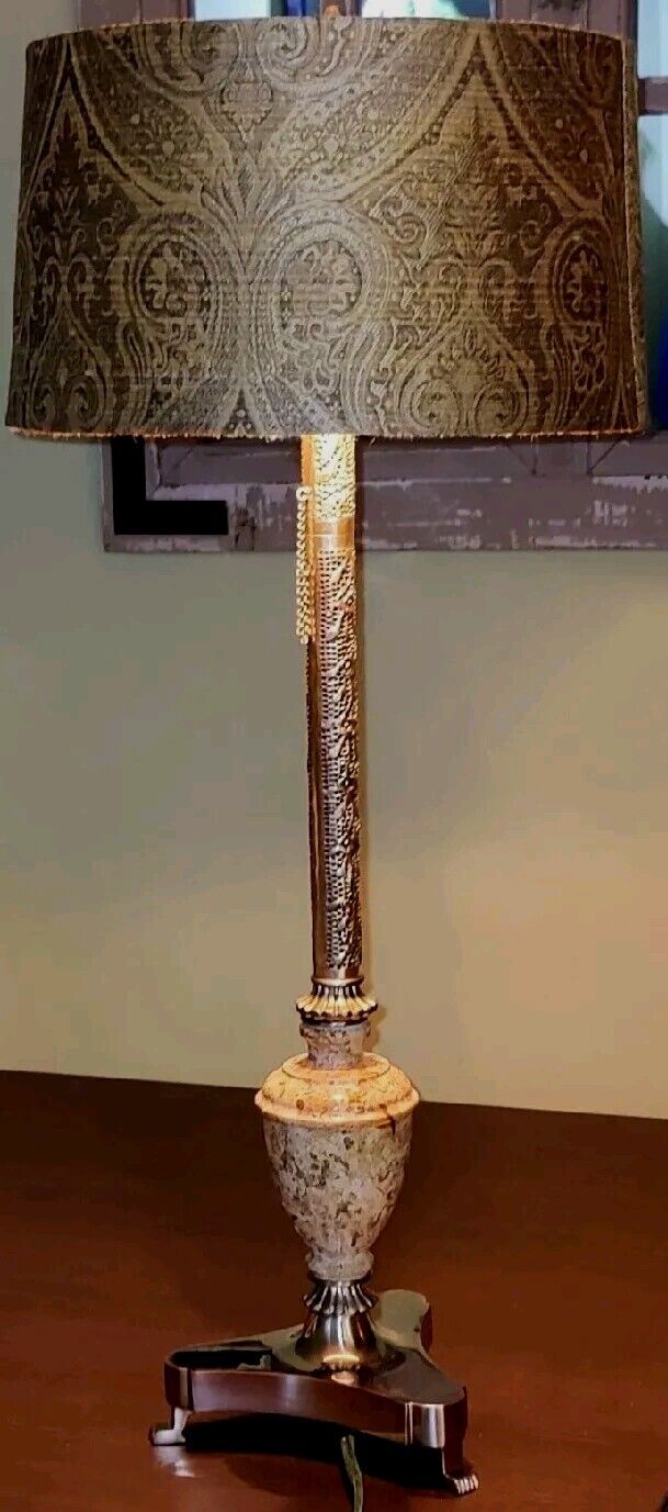 Table Lamp Pierced Metal Marble Shade Tall Dual Light HTF Tyndale Cooper