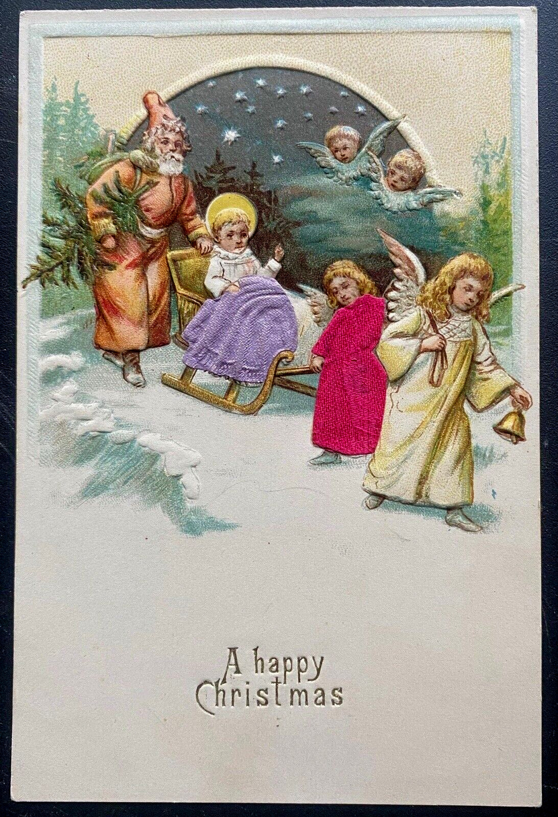 Santa Claus with Baby Jesus~Silk Angels~Sled~Antique~Christmas Postcard~k-275