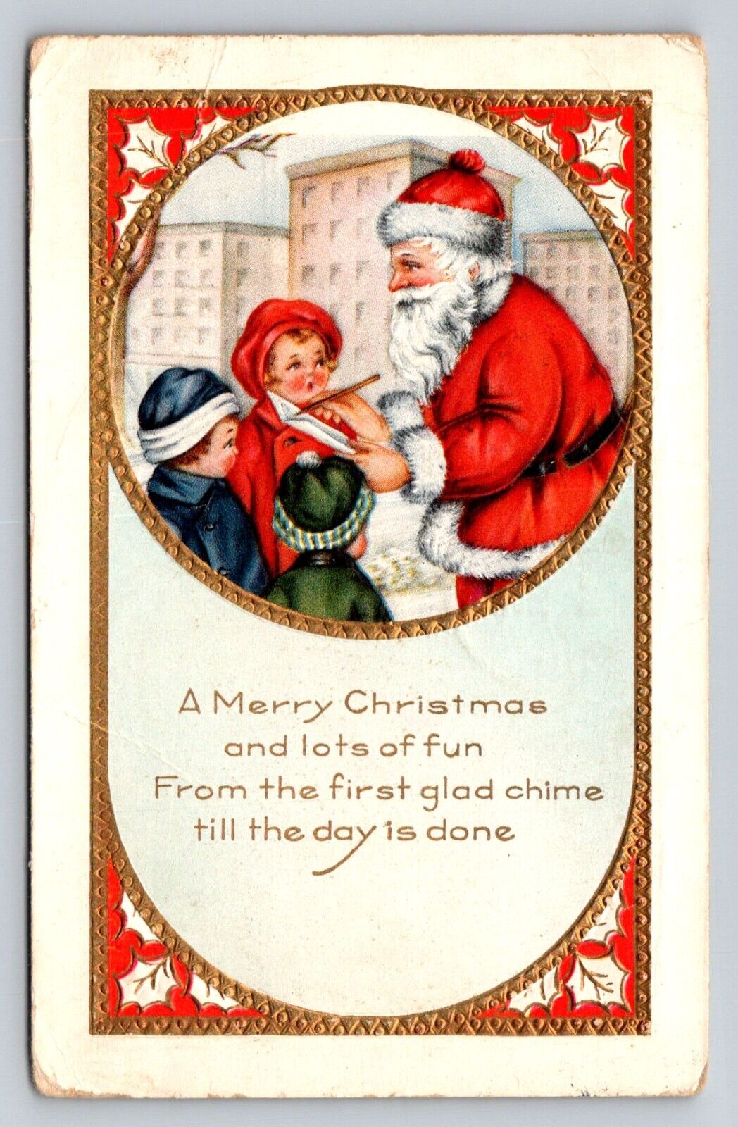 c1915 Santa Claus Writing Children Outdoors Christmas P489