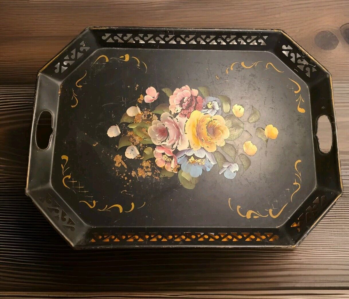 Vintage Or Antique Primitive Hand Painted Decorative Tole Tinware Toleware Tray