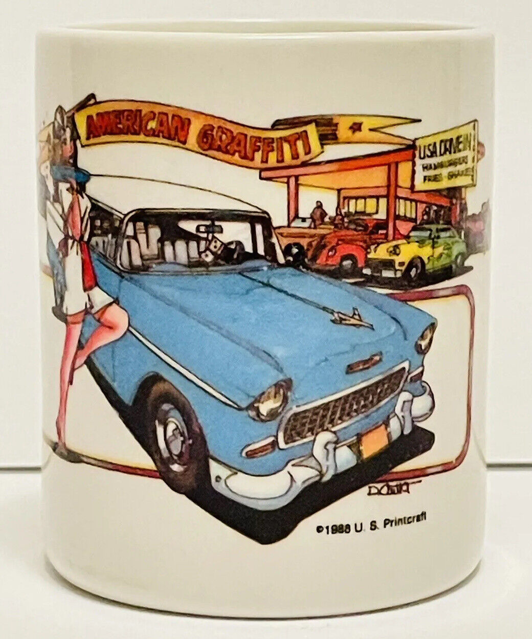 American Graffiti Drive-in Hot Rods ceramic mug 1988 U.S. Printcraft.