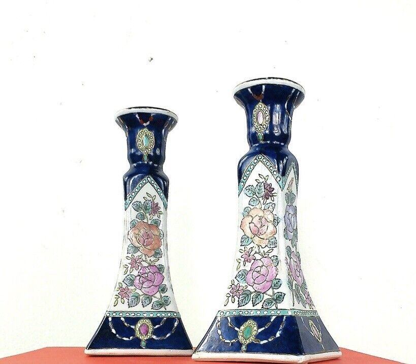 Chinese Vintage Ceramic Pair of Blue Candlestick Holders With Chains & Florals
