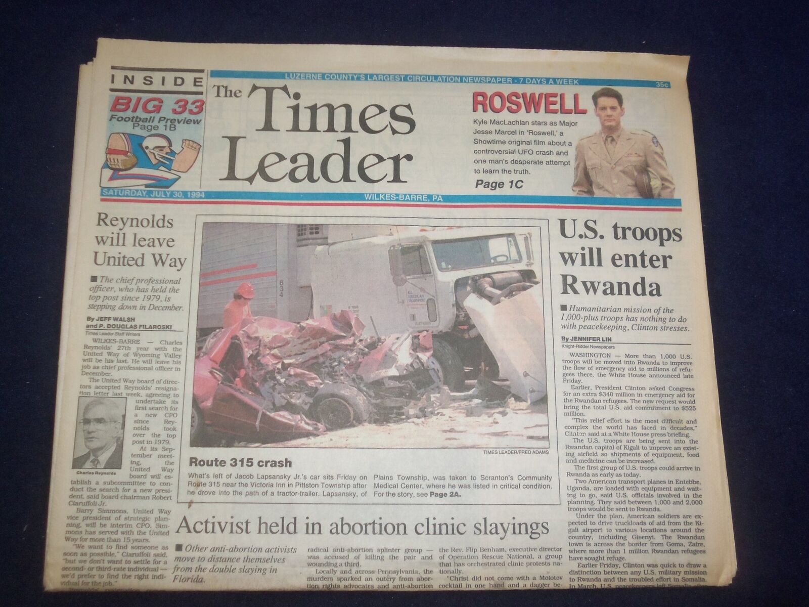 1994 JULY 30 WILKES-BARRE TIMES LEADER - U.S. TROOPS WILL ENTER RWANDA - NP 8119