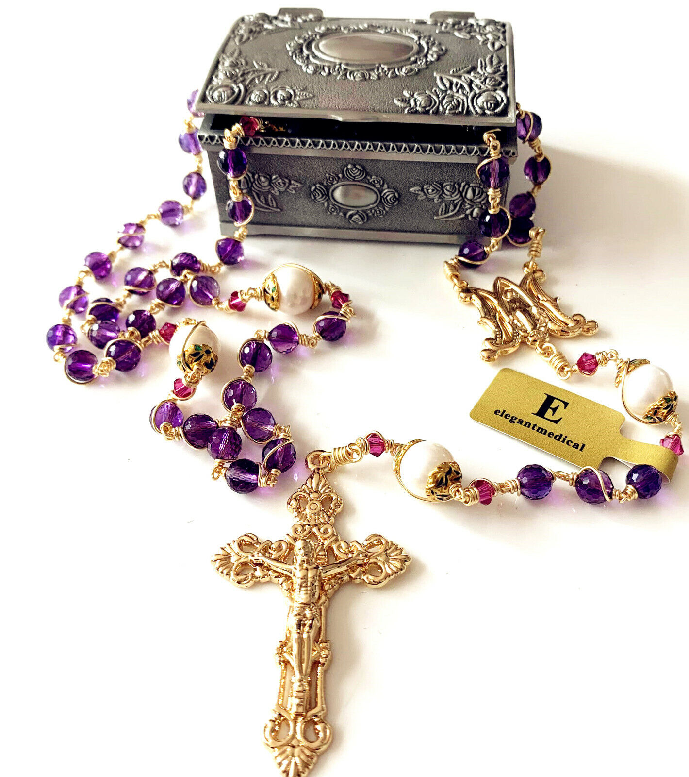 Gold Wire Wrapped Amethyst Beads &10mm Real Pearl Rosary Cross necklace gift box