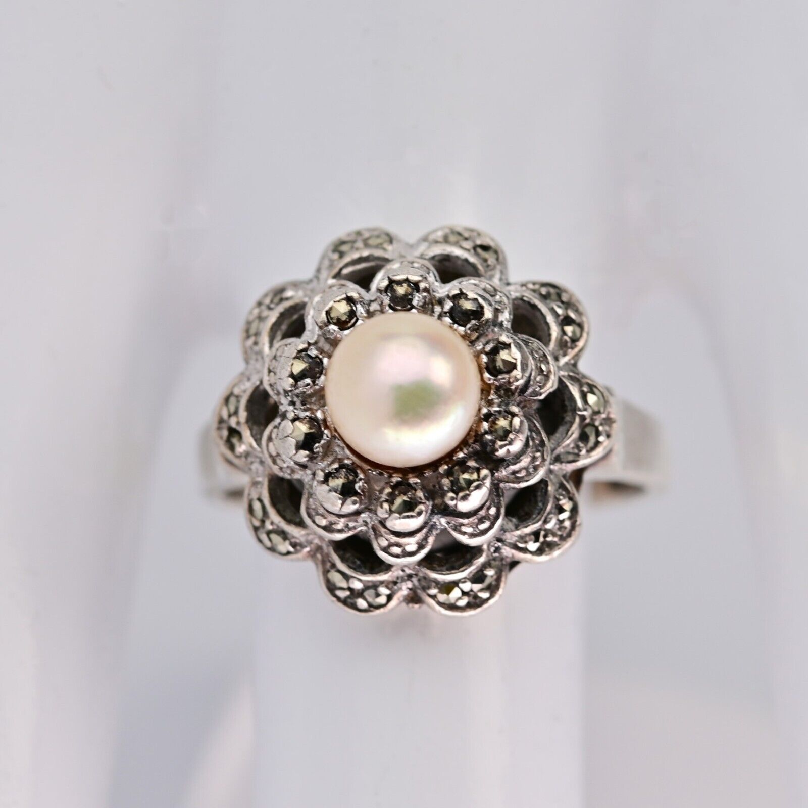 Antique Original Vintage Signed Sterling Silver Marcasite Princess Pearl Ring