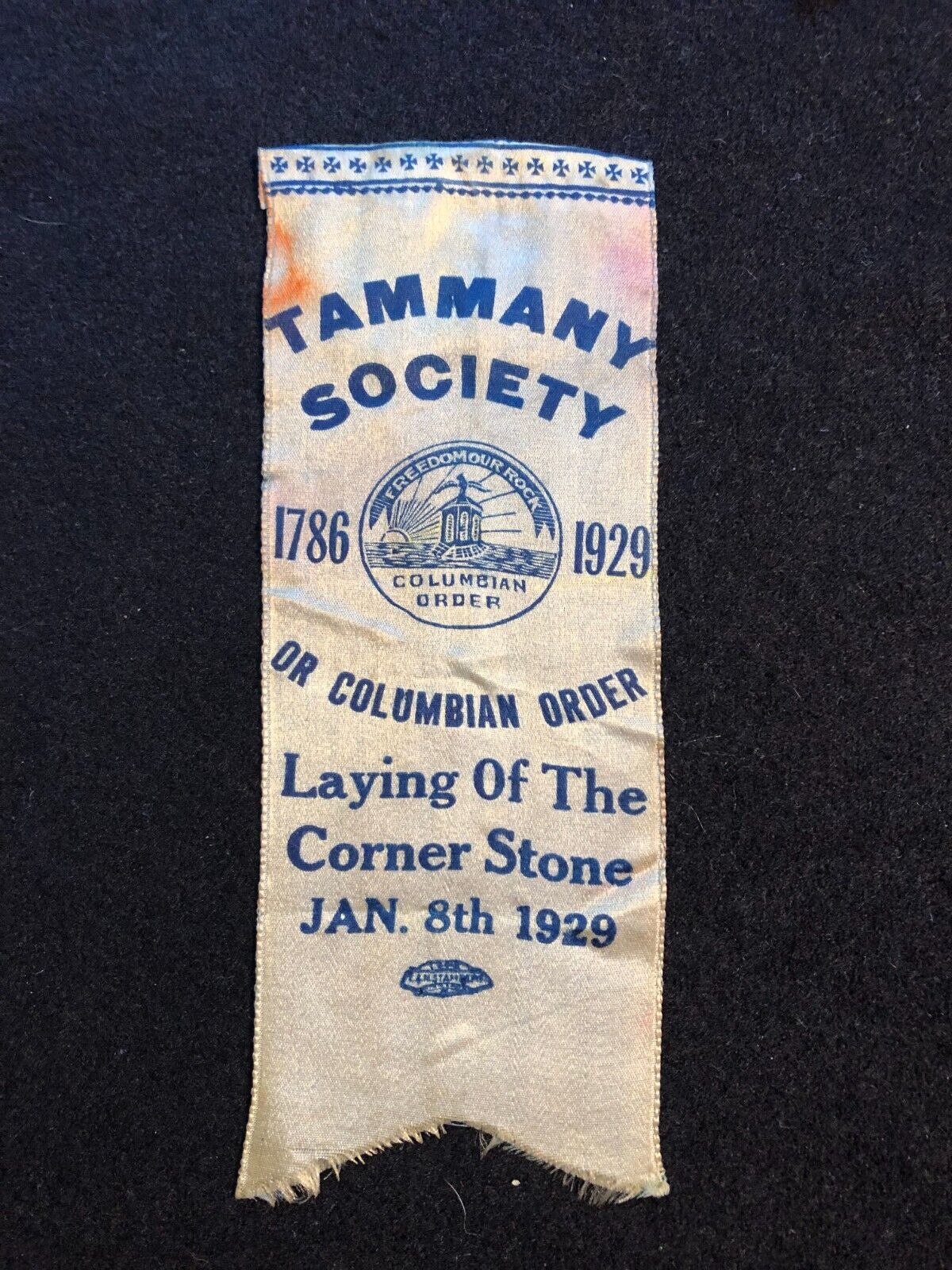 Tammany Society Or Columbian Order Laying Of The Corner Stone Jan. 1929 Ribbon